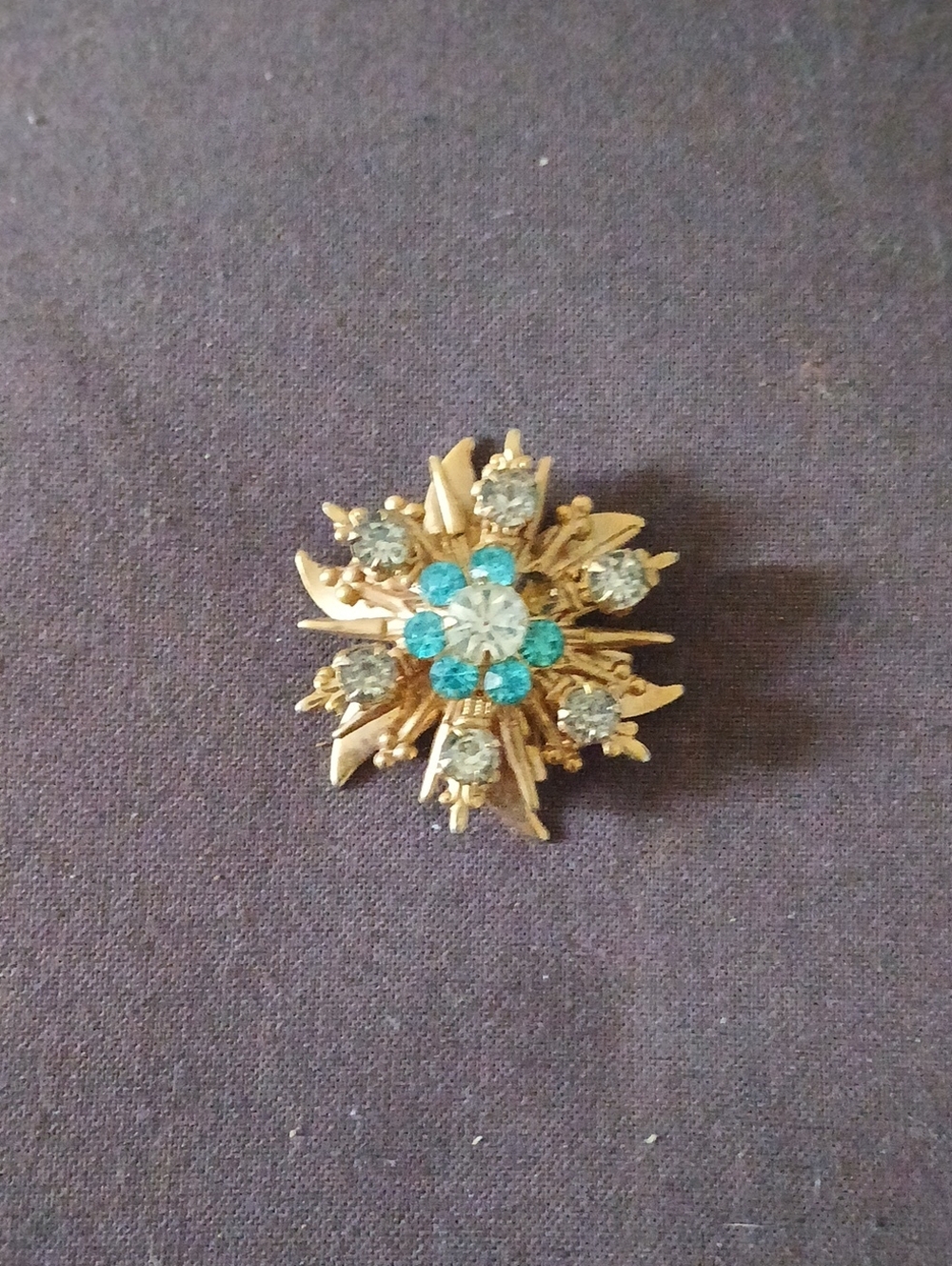 Vintage Gold-Tone Floral Crystal Brooch with Aqua and Clear Stones